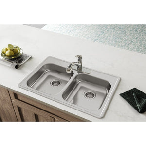Dayton 22' x 33' x 5.38' Stainless Steel Double-Basin Drop-In Kitchen Sink - 3 Faucet Holes