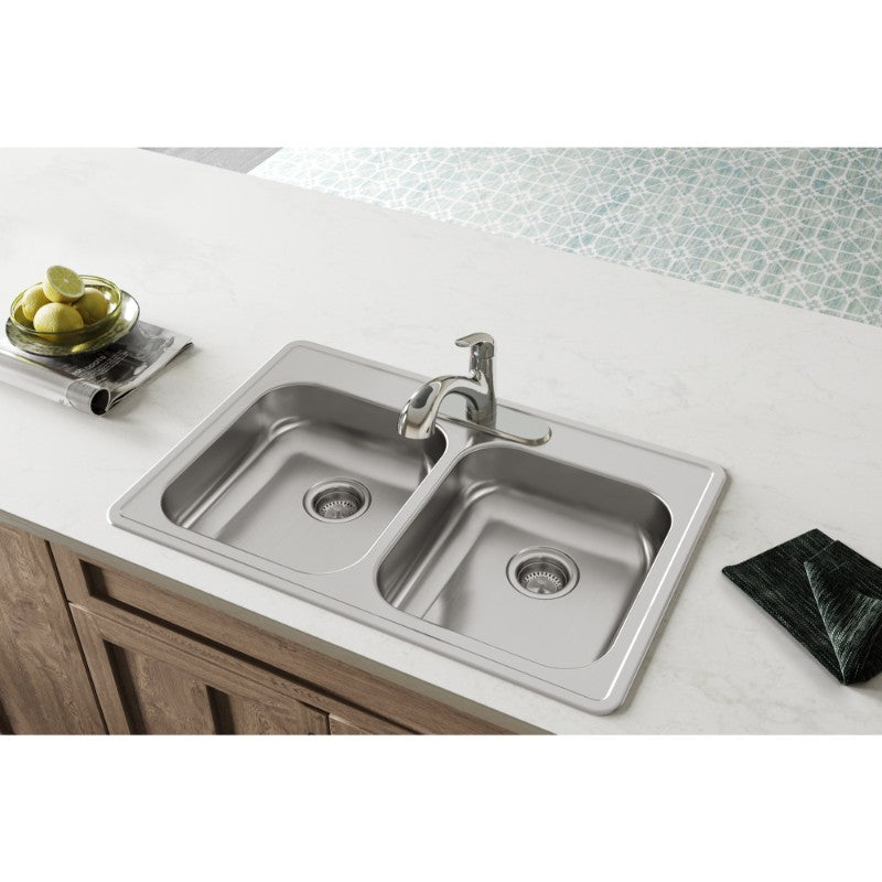 Dayton 22' x 33' x 5.38' Stainless Steel Double-Basin Drop-In Kitchen Sink - 3 Faucet Holes