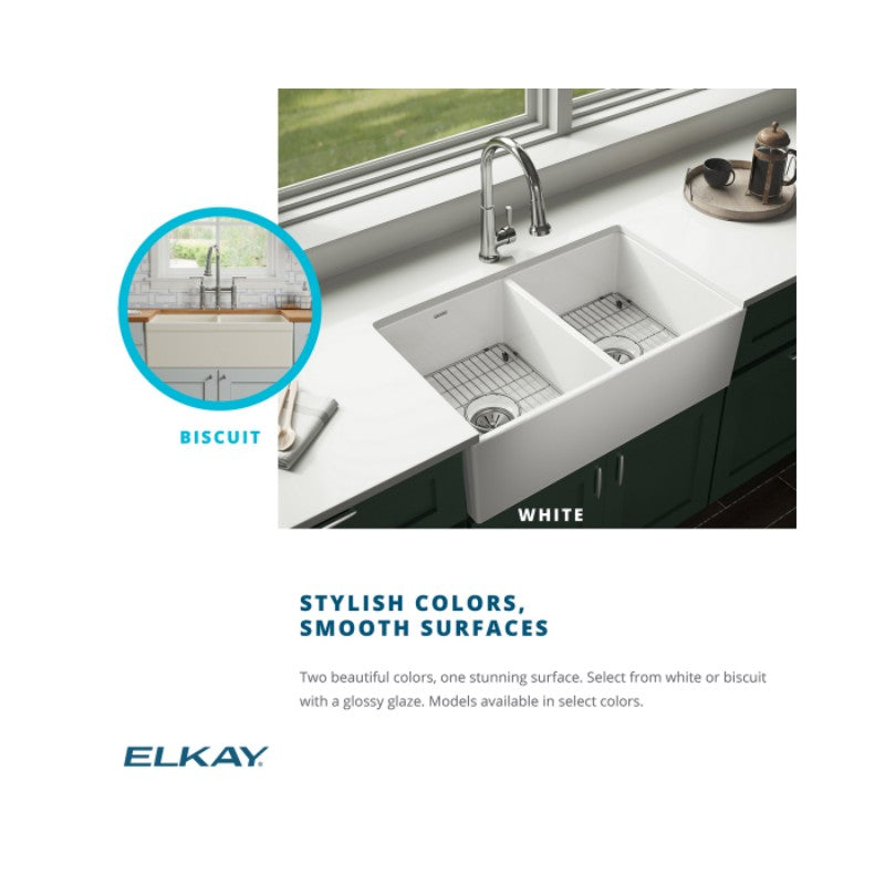 19.94' x 33' x 10.13' Fireclay Double-Basin Farmhouse Kitchen Sink in Biscuit