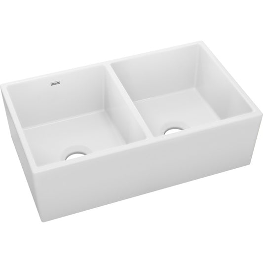 19.94" x 33" x 10.13" Fireclay Double-Basin Farmhouse Kitchen Sink in White