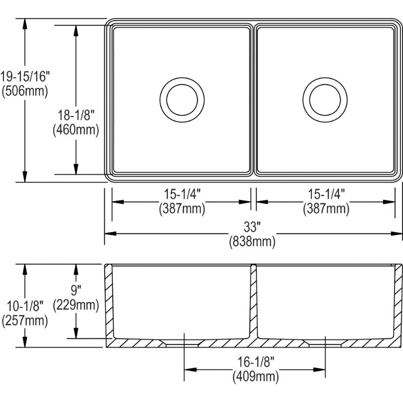 19.94' x 33' x 10.13' Fireclay Double-Basin Farmhouse Kitchen Sink in White