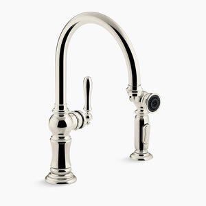 Artifacts Arc Spout Single-Handle Kitchen Faucet in Vibrant Polished Nickel with Side Spray