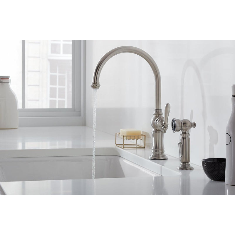 Artifacts Arc Spout Single-Handle Kitchen Faucet in Vibrant Polished Nickel with Side Spray