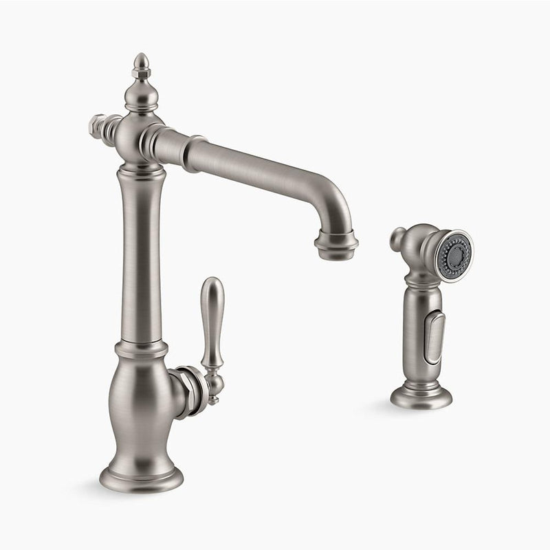 Artifacts Victorian Spout Single-Handle Kitchen Faucet in Vibrant Stainless with Side Spray