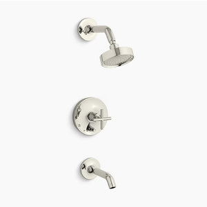 Purist Single Cross Handle Tub & Shower Faucet in Vibrant Polished Nickel - 35 Degree Spout