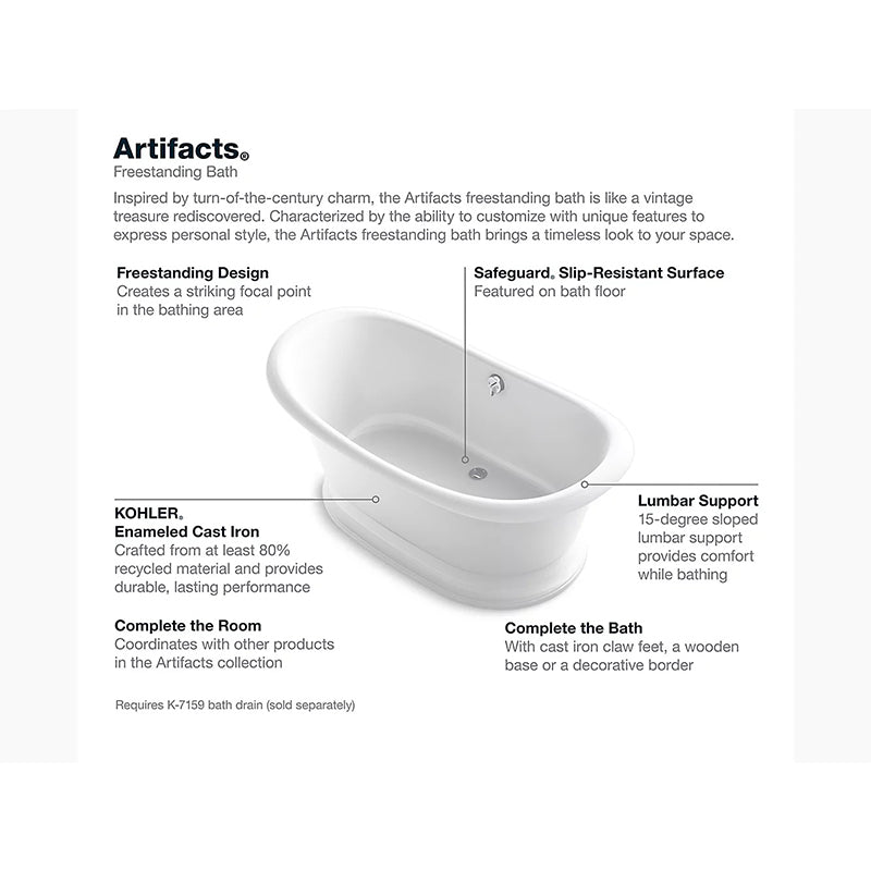 Artifacts 66.13' Enameled Cast Iron Freestanding Bathtub in White