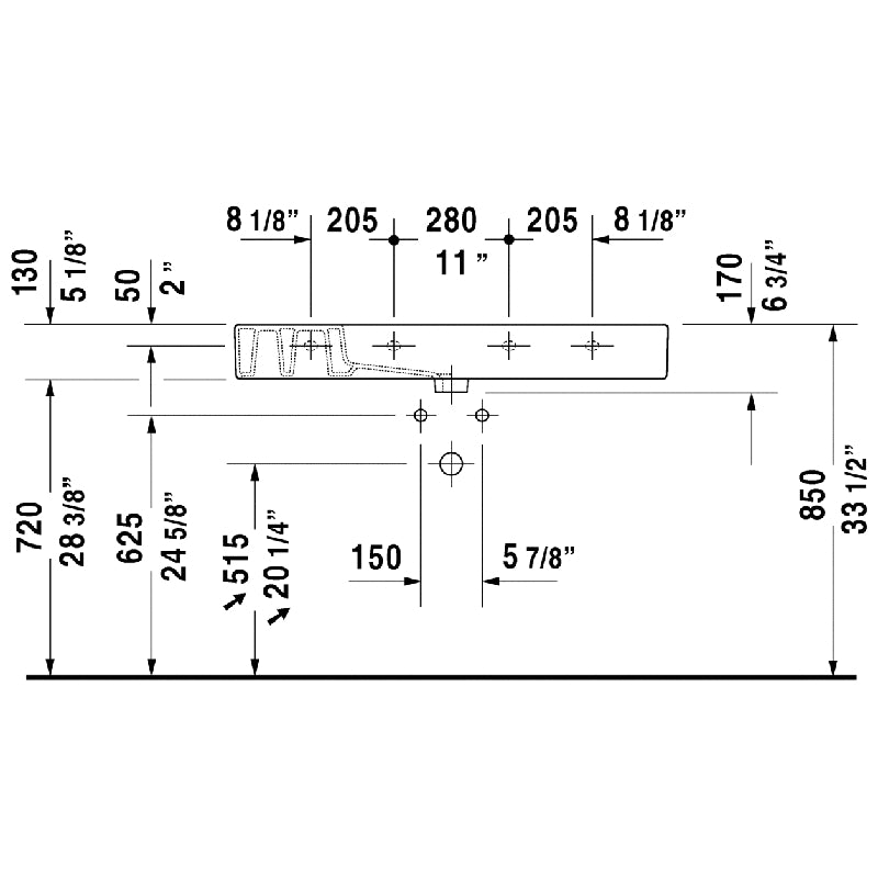 Duravit Vero 19.38' x 41.38' x 5.13' Ceramic Wall Mount Bathroom Sink in White - 3 Faucet Holes - 329100087