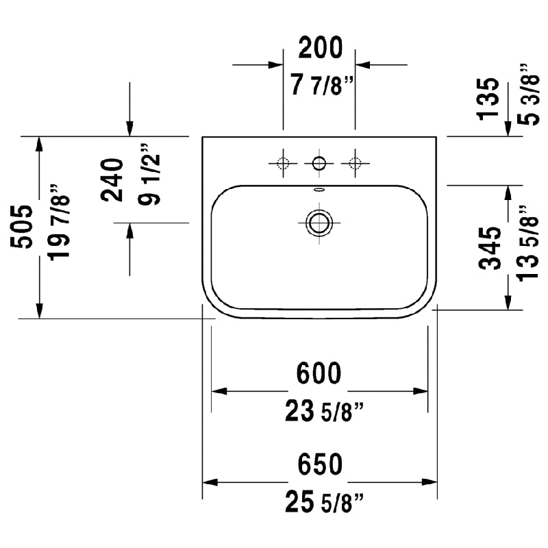 Duravit Happy D.2 19.88' x 25.63' x 6.69' Ceramic Wall Mount Bathroom Sink in White - 3 Faucet Holes - 2318650087