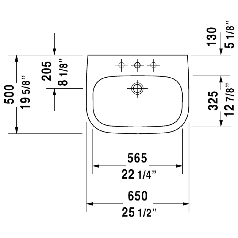 Duravit D-Code 19.63' x 25.5' x 7.13' Ceramic Wall Mount Bathroom Sink in White - 1 Faucet Hole - 23106500002