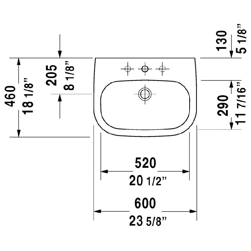 Duravit D-Code 18.13' x 23.63' x 7.13' Ceramic Wall Mount Bathroom Sink in White - 3 Faucet Holes - 23106000302