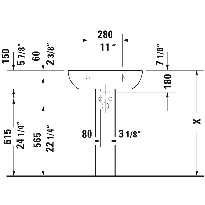 Duravit D-Code 18.13' x 23.63' x 7.13' Ceramic Wall Mount Bathroom Sink in White - 3 Faucet Holes - 23106000302