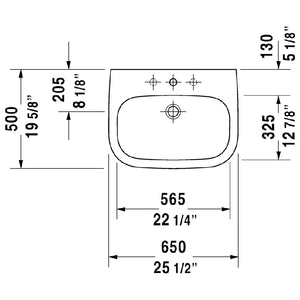 Duravit D-Code 19.63' x 25.5' x 7.13' Ceramic Wall Mount Bathroom Sink in White - 3 Faucet Holes - 23106500302
