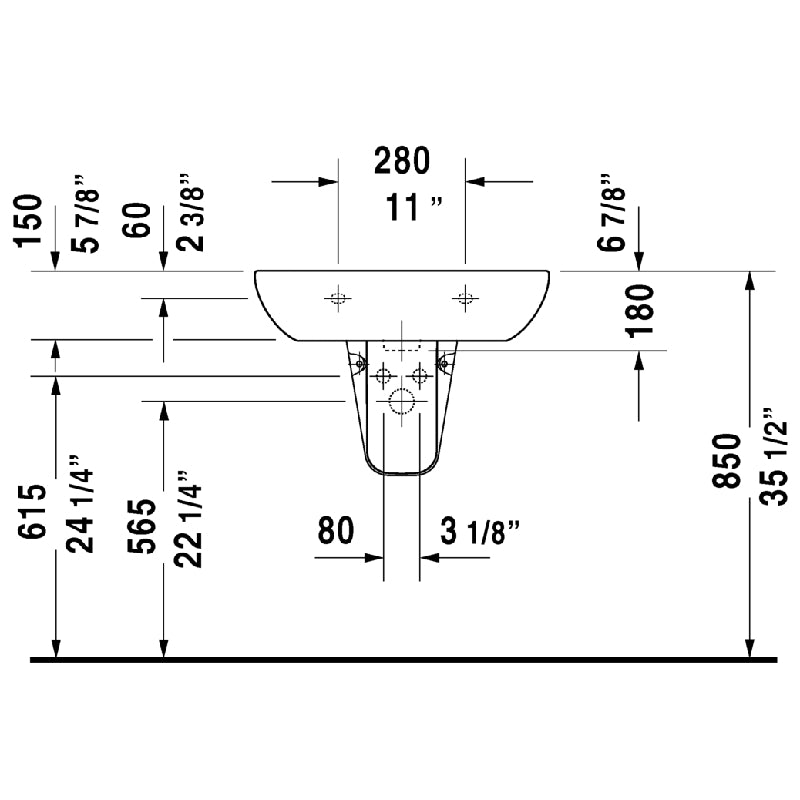 Duravit D-Code 19.63' x 25.5' x 7.13' Ceramic Wall Mount Bathroom Sink in White - 3 Faucet Holes - 23106500302