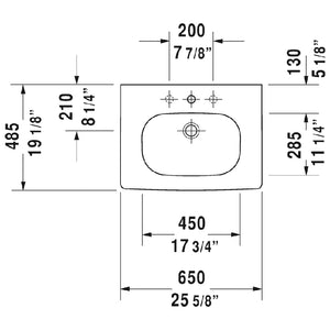 Duravit D-Code 19.13' x 25.63' x 6.88' Ceramic Wall Mount Bathroom Sink in White - 3 Faucet Holes - 3426500302
