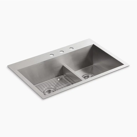 Vault 22" x 33" x 9.31" Stainless Steel 60/40 Double-Basin Dual-Mount Kitchen Sink - 3 Faucet Holes