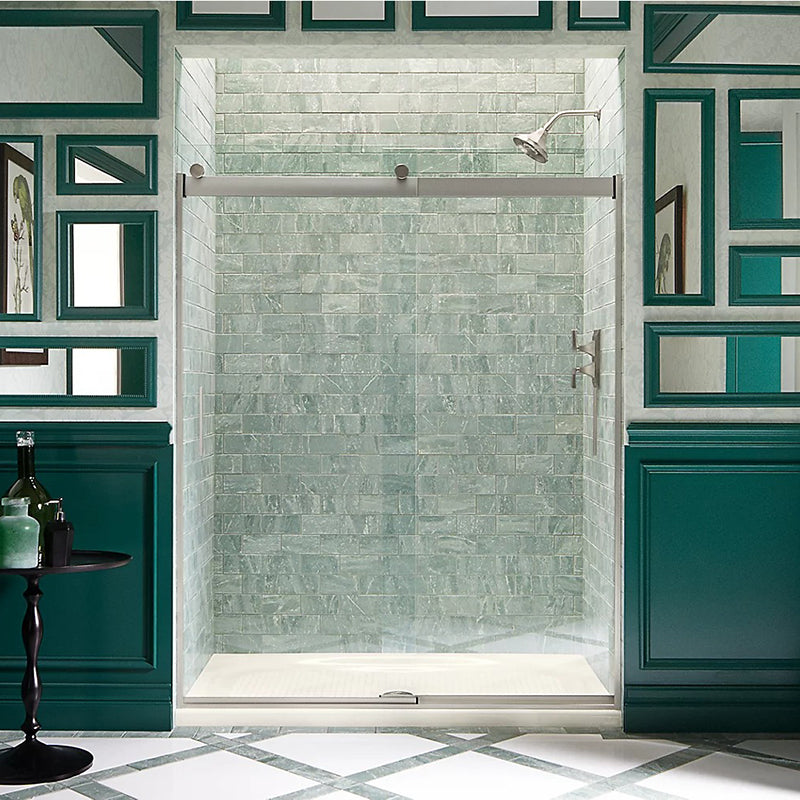 Levity 74' Clear Glass Sliding Shower Door in Brushed Nickel with 0.38' Thick Glass