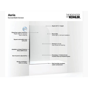 Aerie 57' Clear Curved Glass Bath Screen in Bright Polished Silver