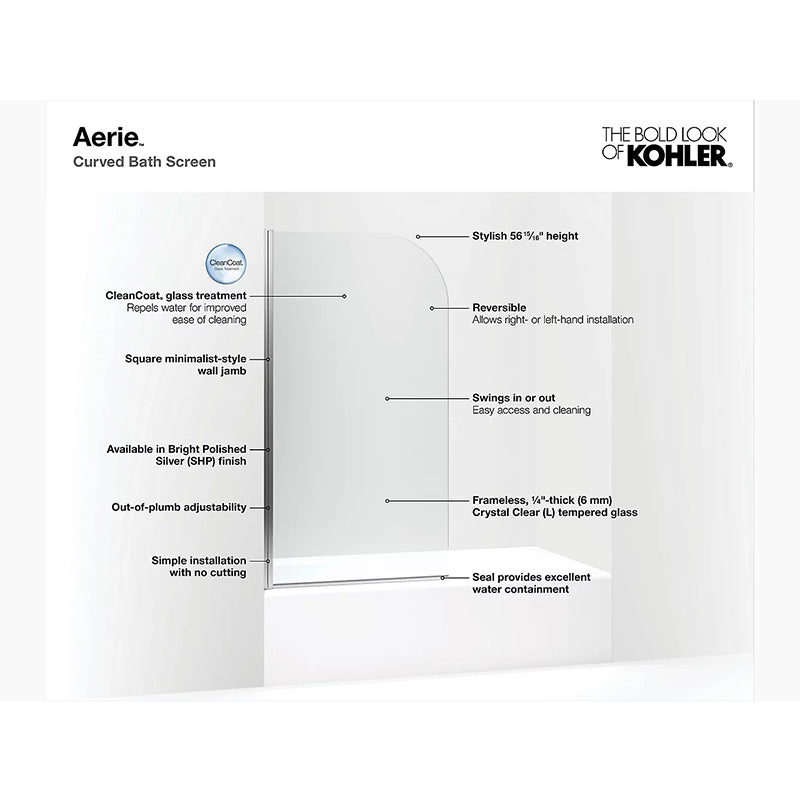 Aerie 57' Clear Curved Glass Bath Screen in Bright Polished Silver