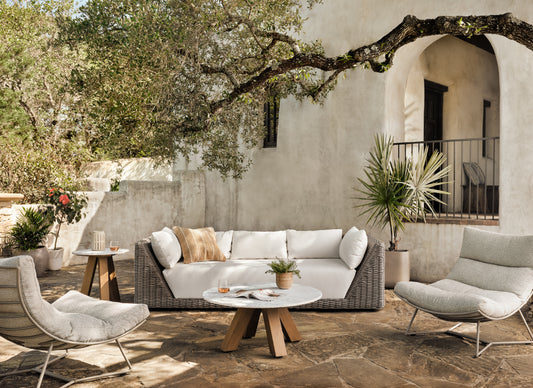 Solano Outdoor Occasional Table in Natural Teak & Rough White Marble (36" x 36" x 16")