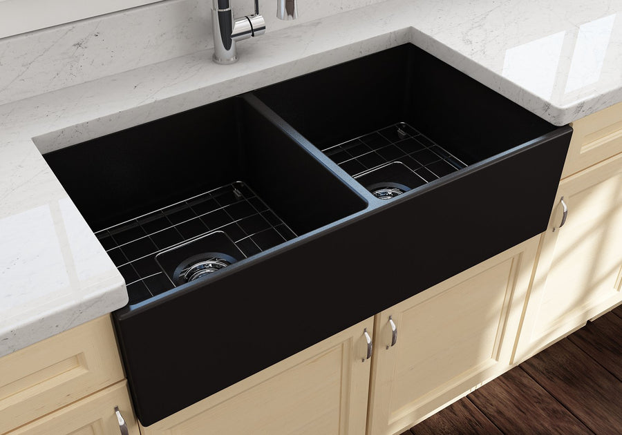 Contempo 36' x 19' x 10' Double-Basin Farmhouse Apron Front Kitchen Sink in Matte Black