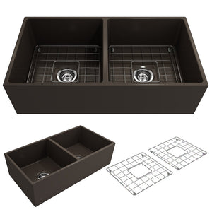 Contempo 36' x 19' x 10' Double-Basin Farmhouse Apron Front Kitchen Sink in Matte Brown