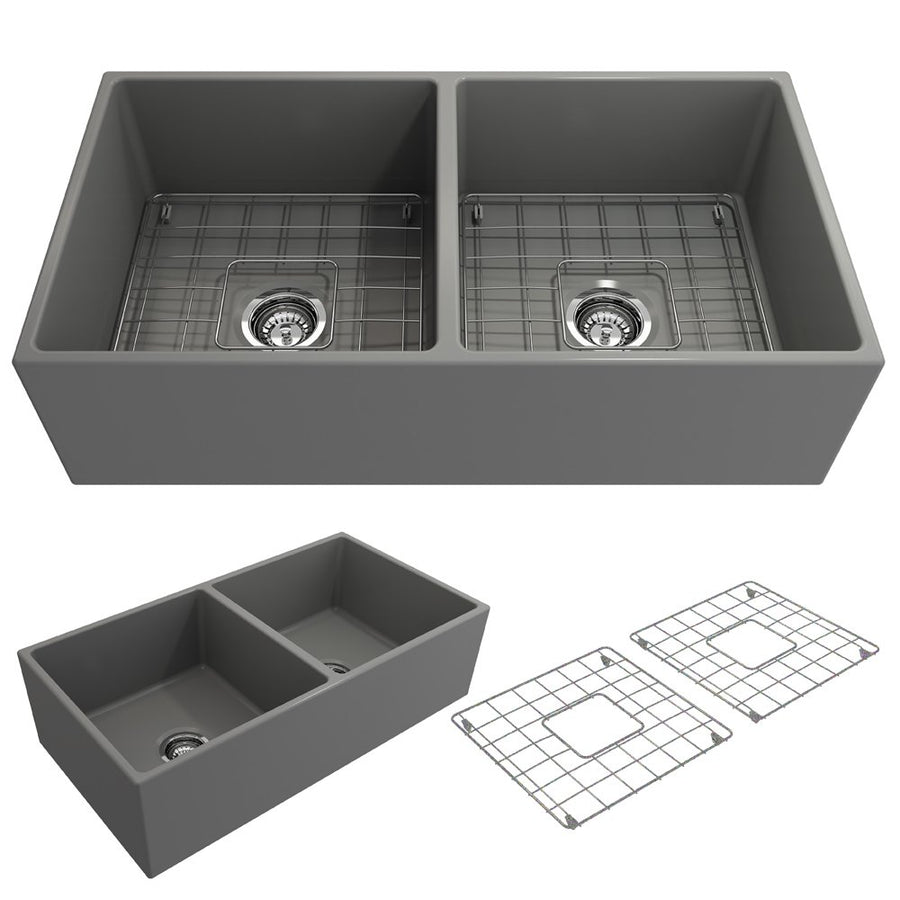 Contempo 36' x 19' x 10' Double-Basin Farmhouse Apron Front Kitchen Sink in Matte Gray