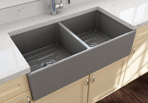 Contempo 36' x 19' x 10' Double-Basin Farmhouse Apron Front Kitchen Sink in Matte Gray