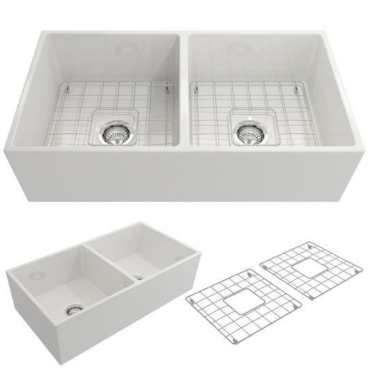 Contempo 36" x 19" x 10" Double-Basin Farmhouse Apron Front Kitchen Sink in White