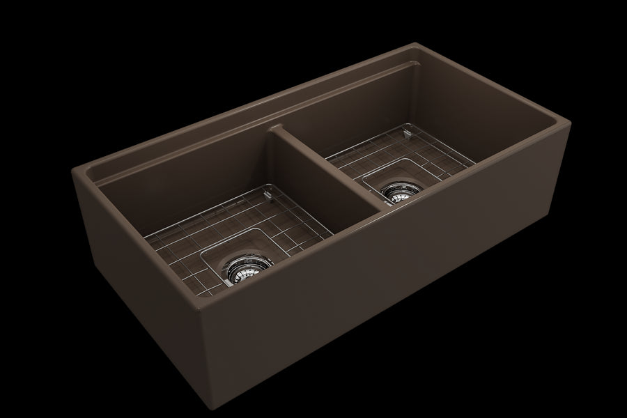 Contempo Step-Rim 36' x 19' x 10' Double-Basin Farmhouse Apron Front Kitchen Sink in Matte Brown