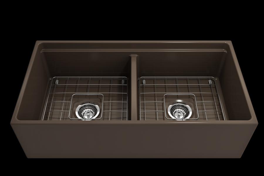 Contempo Step-Rim 36' x 19' x 10' Double-Basin Farmhouse Apron Front Kitchen Sink in Matte Brown