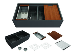 Contempo Step-Rim 36' x 19' x 10' Double-Basin Farmhouse Apron Front Kitchen Sink in Matte Dark Gray