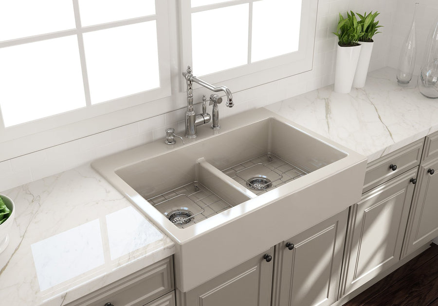 Nuova 34' x 24' x 10' Double-Basin Farmhouse Apron Front Kitchen Sink in Biscuit