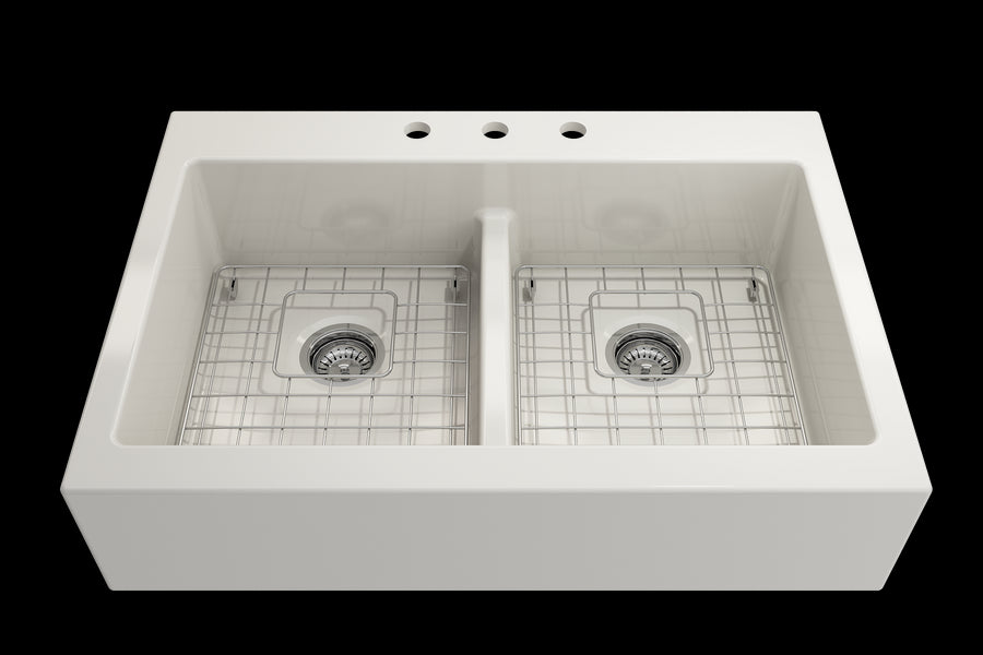 Nuova 34' x 24' x 10' Double-Basin Farmhouse Apron Front Kitchen Sink in Biscuit