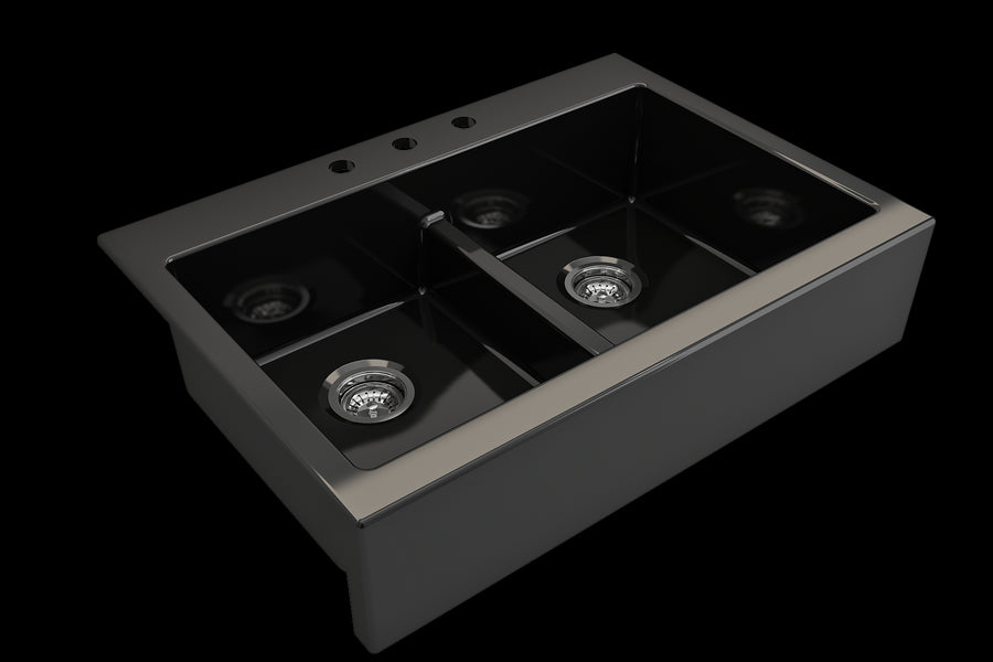 Nuova 34' x 24' x 10' Double-Basin Farmhouse Apron Front Kitchen Sink in Black