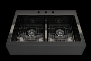 Nuova 34' x 24' x 10' Double-Basin Farmhouse Apron Front Kitchen Sink in Black