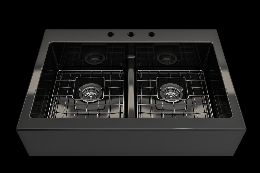 Nuova 34' x 24' x 10' Double-Basin Farmhouse Apron Front Kitchen Sink in Black