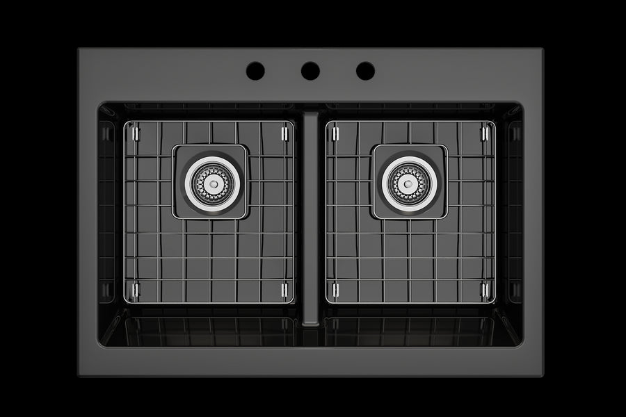 Nuova 34' x 24' x 10' Double-Basin Farmhouse Apron Front Kitchen Sink in Black