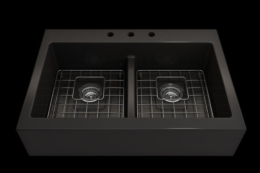 Nuova 34' x 24' x 10' Double-Basin Farmhouse Apron Front Kitchen Sink in Matte Black