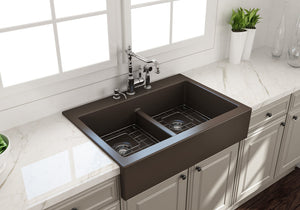 Nuova 34' x 24' x 10' Double-Basin Farmhouse Apron Front Kitchen Sink in Matte Brown