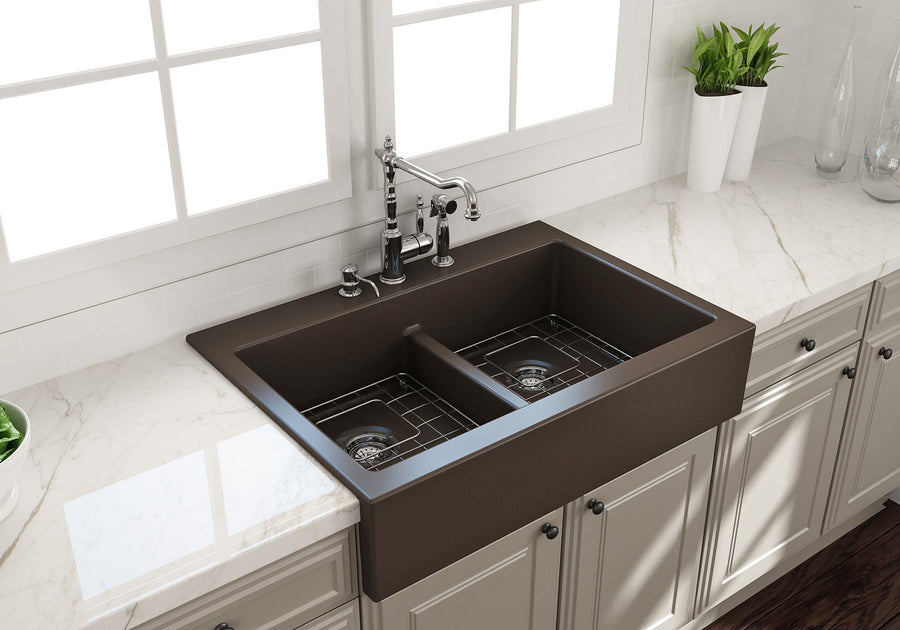 Nuova 34' x 24' x 10' Double-Basin Farmhouse Apron Front Kitchen Sink in Matte Brown