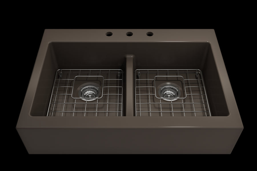 Nuova 34' x 24' x 10' Double-Basin Farmhouse Apron Front Kitchen Sink in Matte Brown