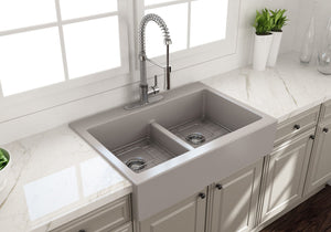 Nuova 34' x 24' x 10' Double-Basin Farmhouse Apron Front Kitchen Sink in Matte Gray