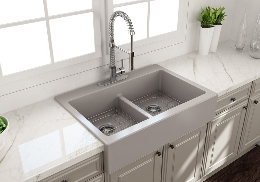 Nuova 34' x 24' x 10' Double-Basin Farmhouse Apron Front Kitchen Sink in Matte Gray