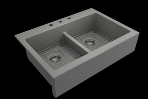 Nuova 34' x 24' x 10' Double-Basin Farmhouse Apron Front Kitchen Sink in Matte Gray