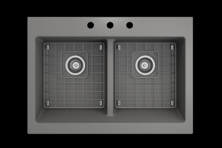 Nuova 34' x 24' x 10' Double-Basin Farmhouse Apron Front Kitchen Sink in Matte Gray