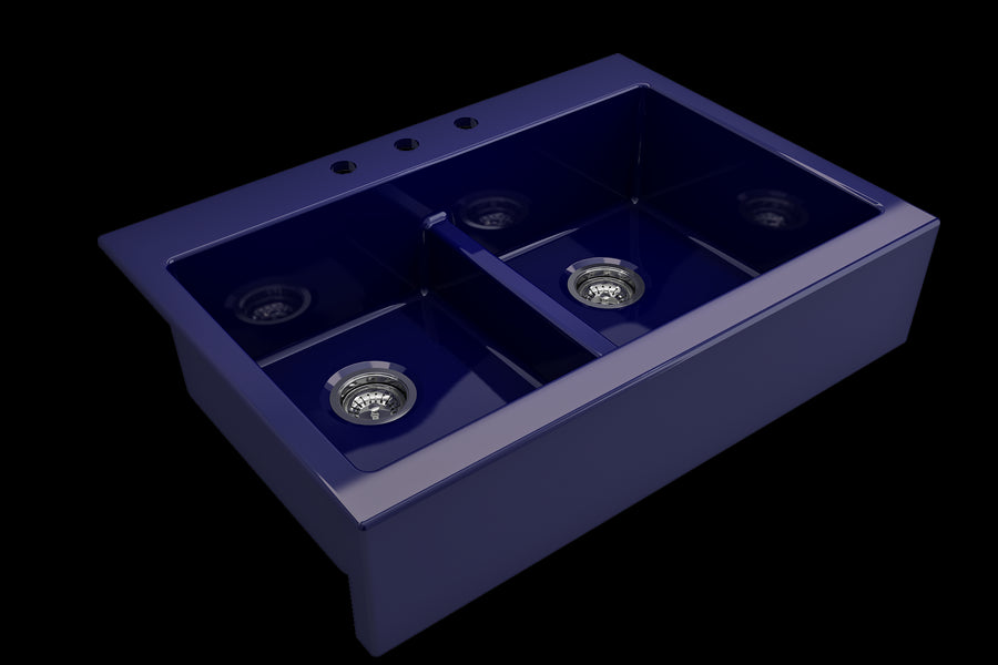Nuova 34' x 24' x 10' Double-Basin Farmhouse Apron Front Kitchen Sink in Sapphire Blue