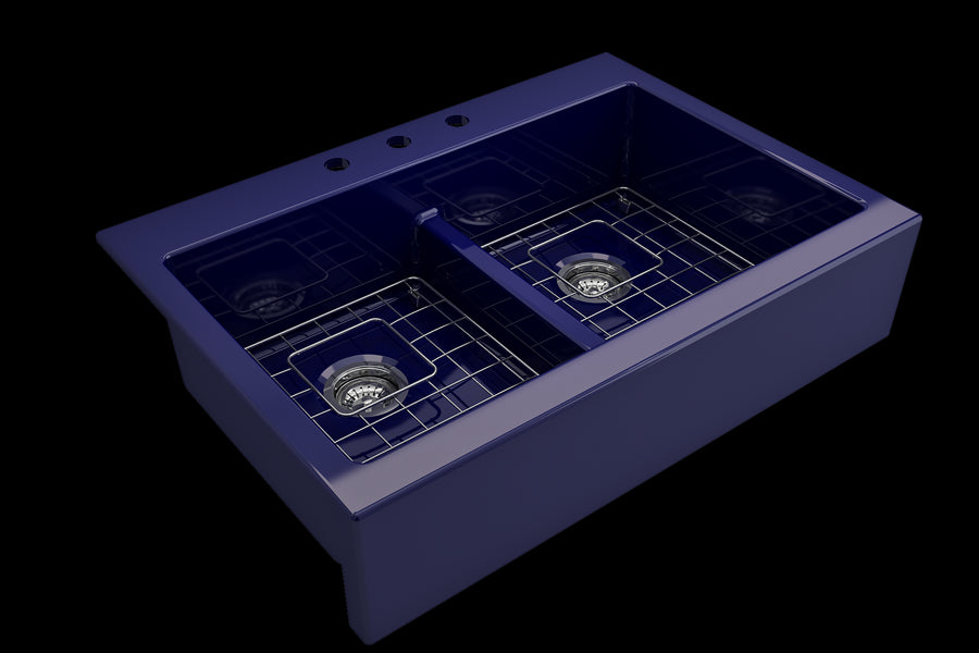 Nuova 34' x 24' x 10' Double-Basin Farmhouse Apron Front Kitchen Sink in Sapphire Blue