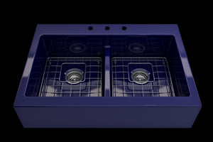 Nuova 34' x 24' x 10' Double-Basin Farmhouse Apron Front Kitchen Sink in Sapphire Blue