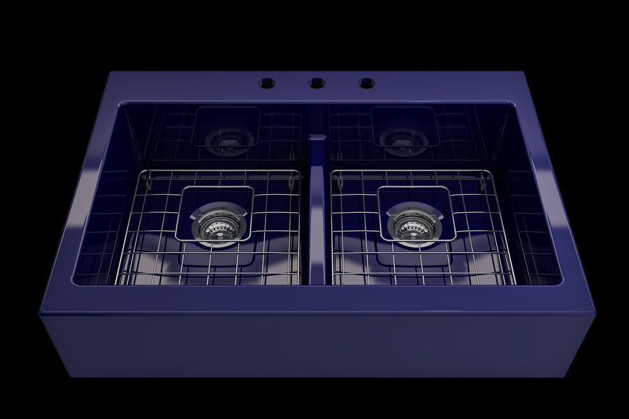 Nuova 34' x 24' x 10' Double-Basin Farmhouse Apron Front Kitchen Sink in Sapphire Blue