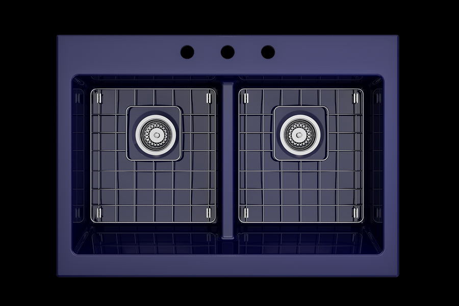 Nuova 34' x 24' x 10' Double-Basin Farmhouse Apron Front Kitchen Sink in Sapphire Blue